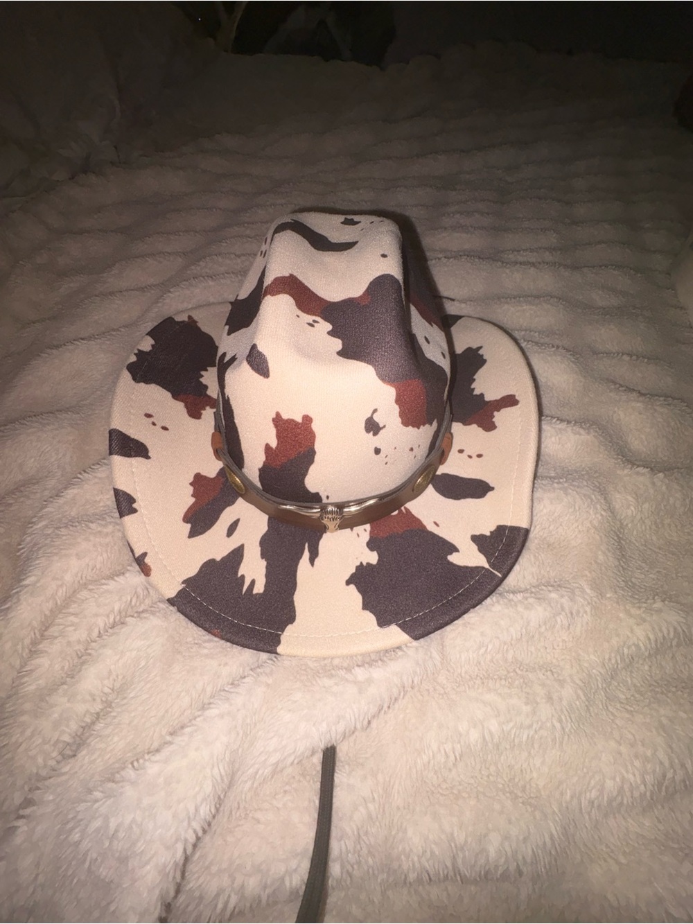Cowhide Print Wide Brim Fedora Hat - Brown & Black